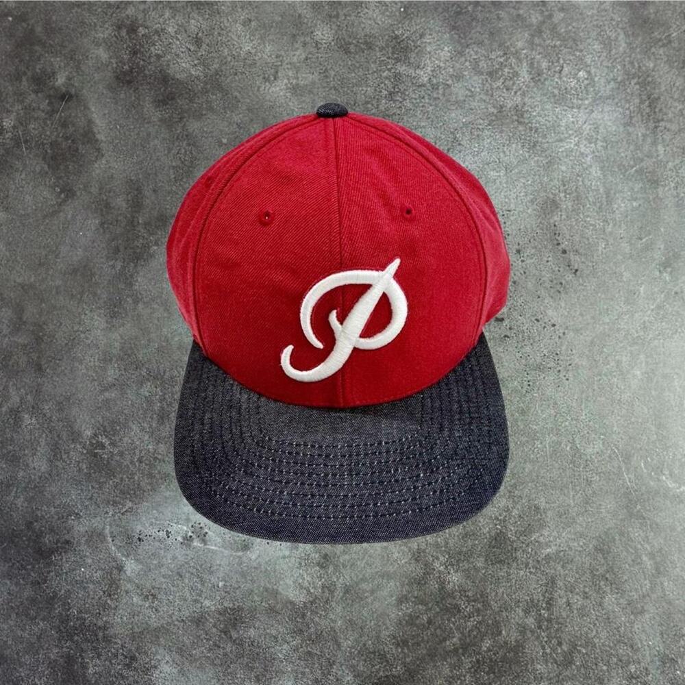 Red and denim primitive starter cap
